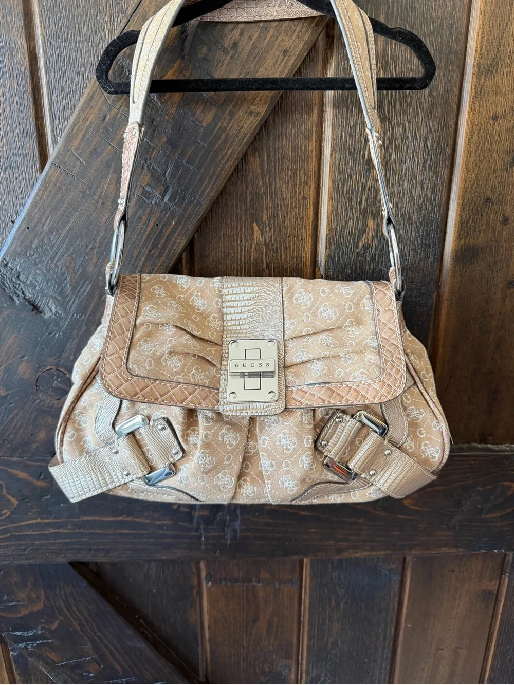 Vintage Guess Y2K Monogram Jacquard Shoulder Bag Beige Croc Buckle Purse Sleaze